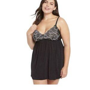 NEW! Cacique Lane Bryant Women's Art Deco Babydoll Lingerie Black 2 Piece 26 28